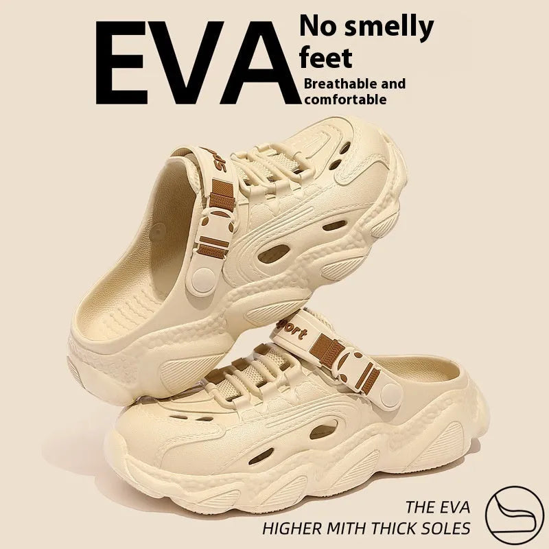 Men's khaki outdoor slippers with a breathable design and textured EVA sole.
