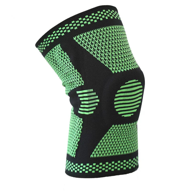 Sports fitness silicone spring knee pads in green blue white orange colours with polyamide construction for M L XL sizes