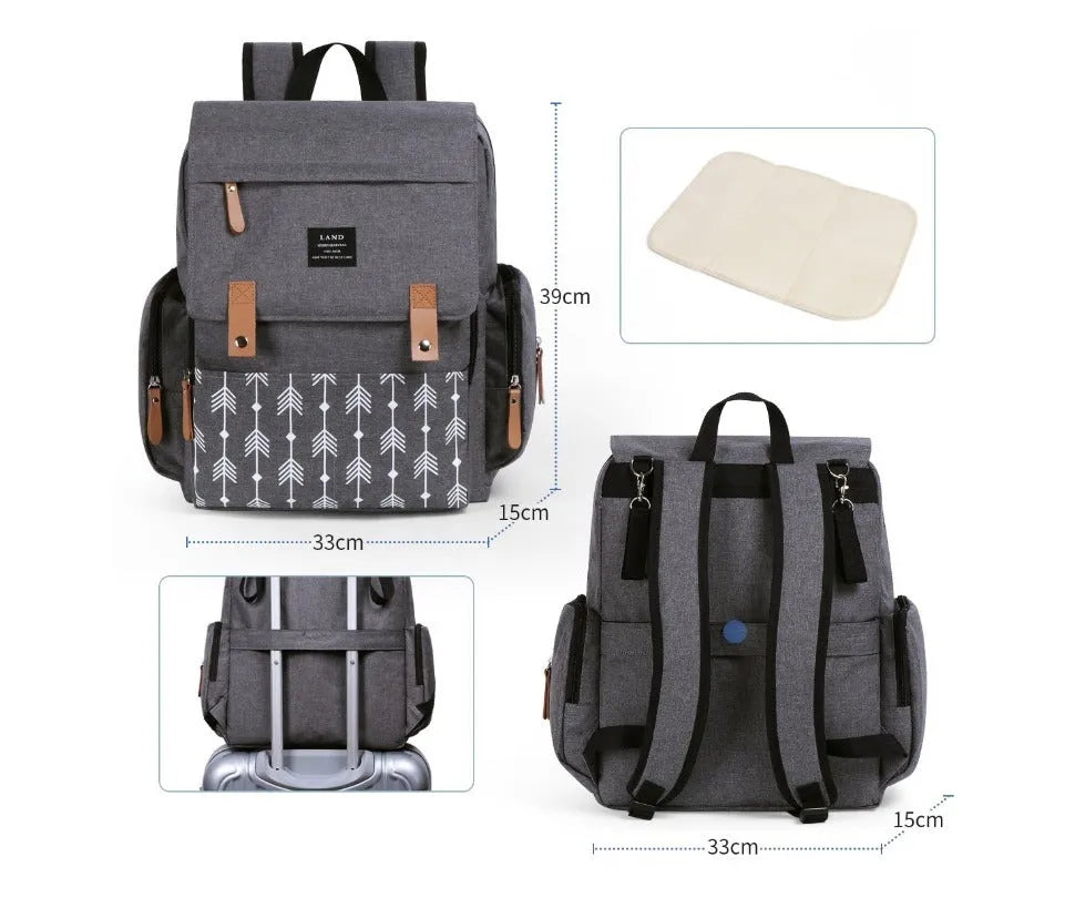 LAND Mommy large grey Oxford cloth diaper backpack with changing mat, showing front compartments.