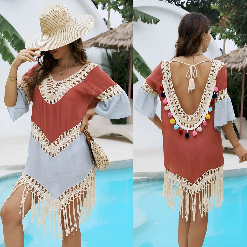 Orange floral pattern beach overskirt with hand crochet detail and bamboo cotton tassels.