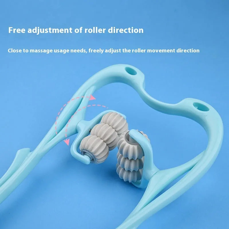 Blue plastic handheld massager with six rotating wheels for neck shoulder and waist