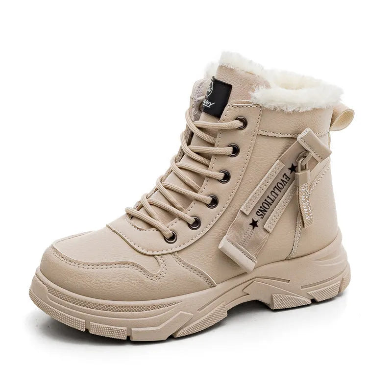 Women's plus size tall black snow boot with velvet lining and lace-up front on a rubber sole.