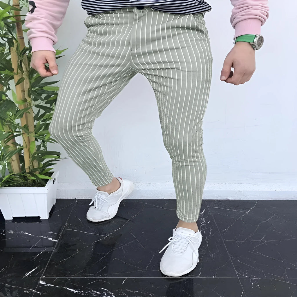 Men's slim-fit straight-leg casual trousers featuring a blue and black 3D printed plaid pattern.