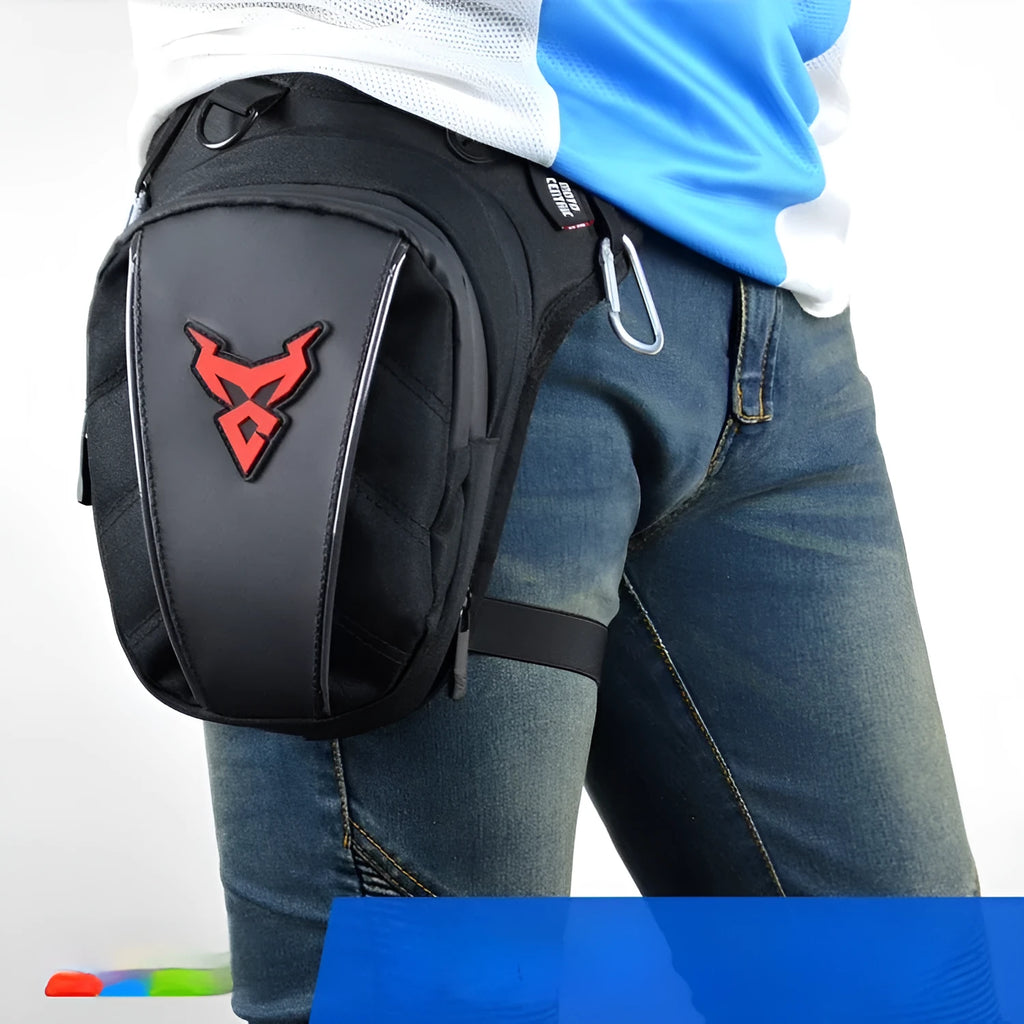 Motorcycle leg bag in knight bag styling with 1200D Oxford cloth construction and crossbody mounting