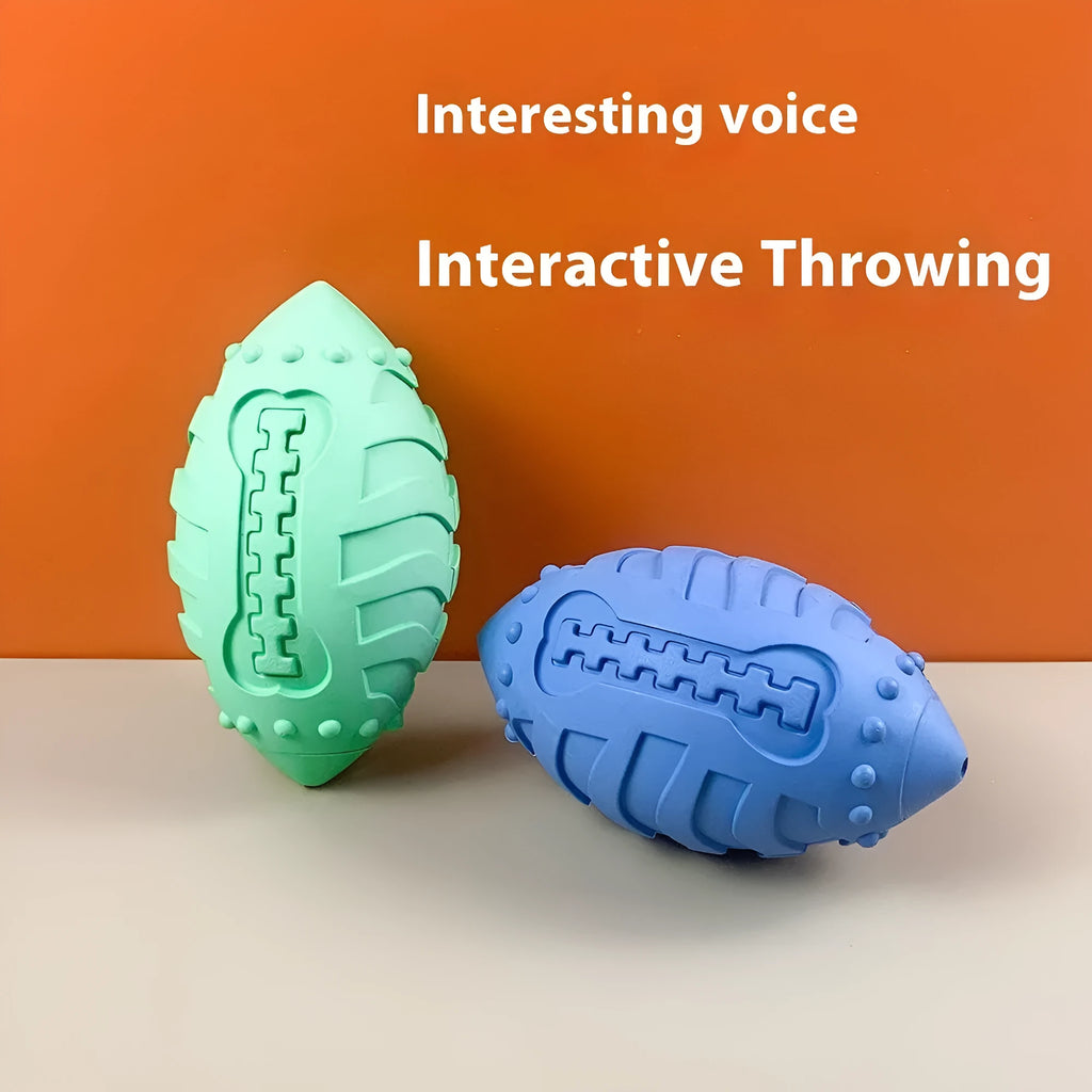 Thickened rubber vocal rugby ball dog toy in light green or sapphire blue for interactive training