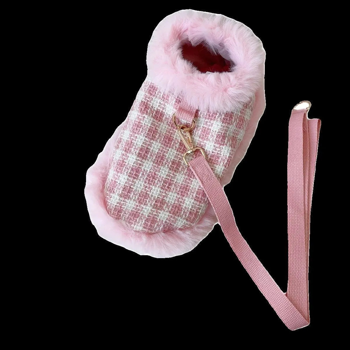 Pink polyester cat cape and beret set with hand-holding rope leash attachment