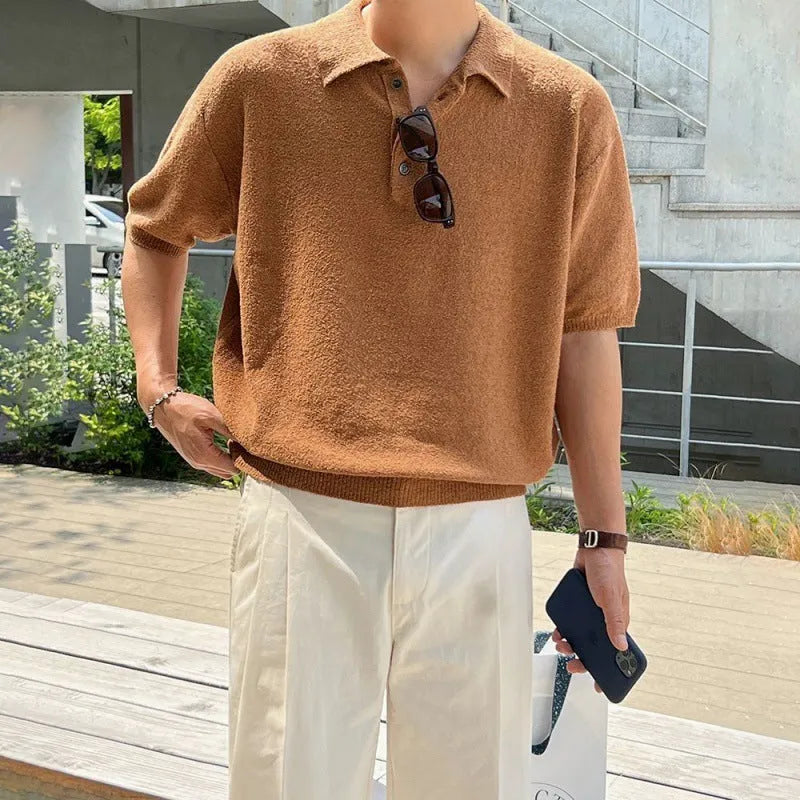 Men's retro knitted polo shirt in caramel colour with asymmetric design and short sleeves
