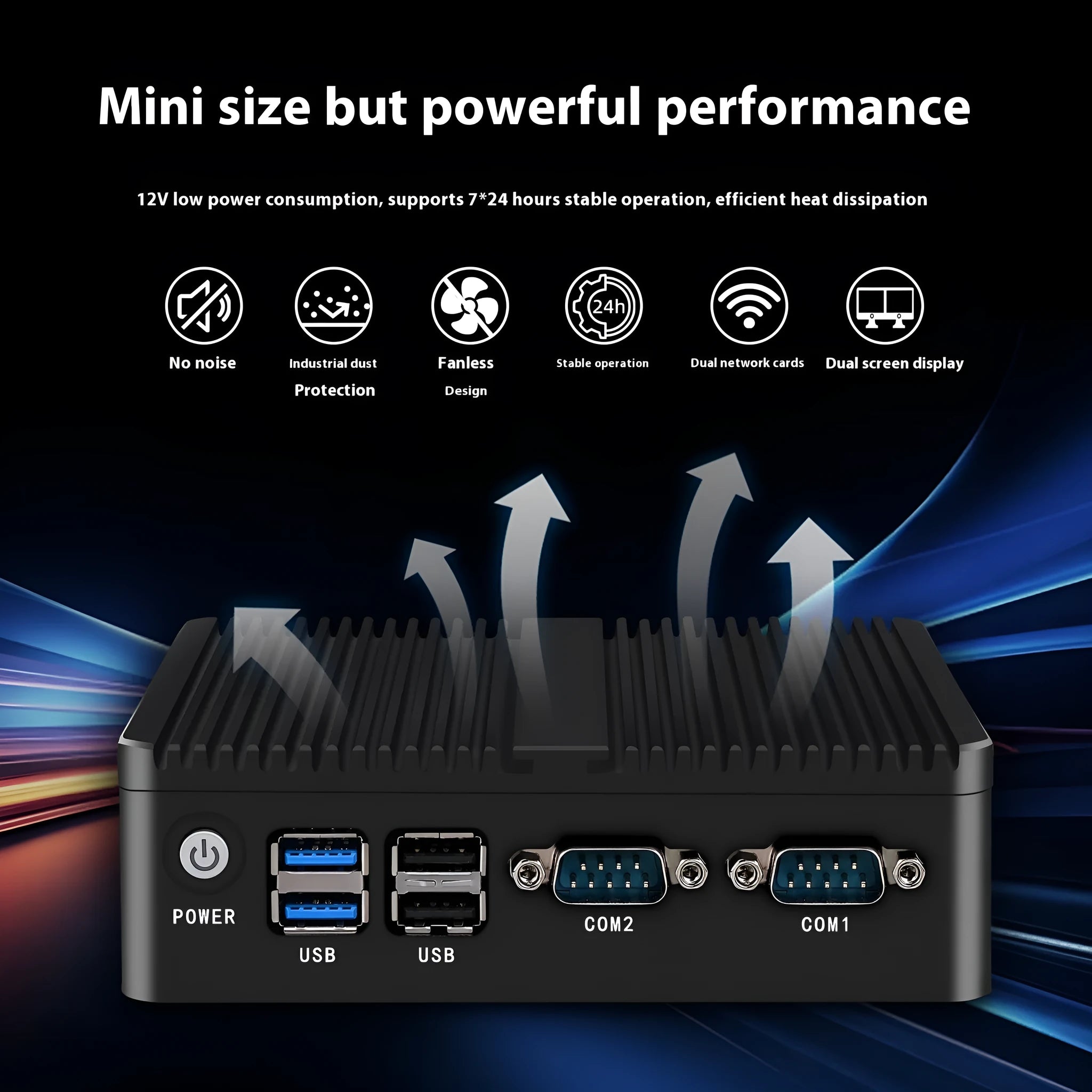Compact fanless industrial control mini-host with metal chassis measuring 13.6x12.7x4cm