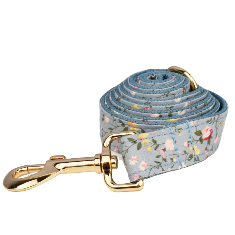 Blue floral patterned polyester cotton dog collar with adjustable fastener and coordinating accessories