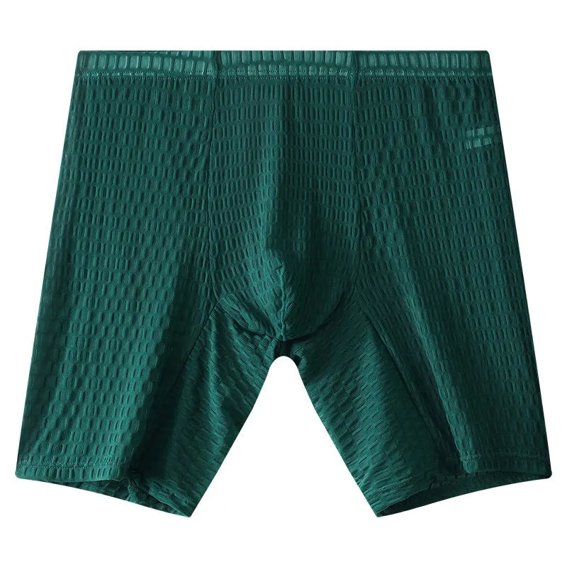 Men's lengthened lace boxer shorts in light purple on a white background.