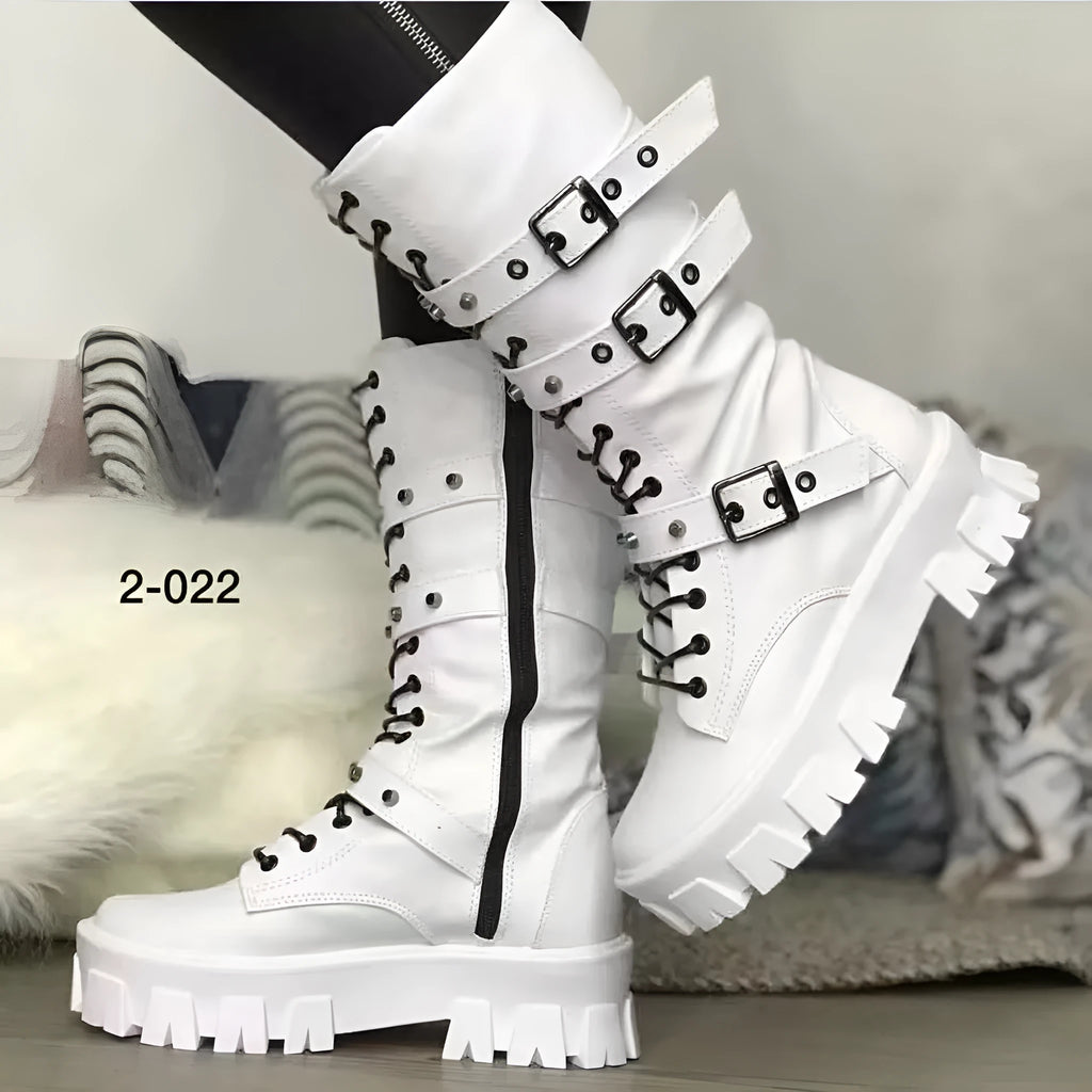 Women's black mid-calf knight boots with side zipper and metal buckle on artificial PU upper