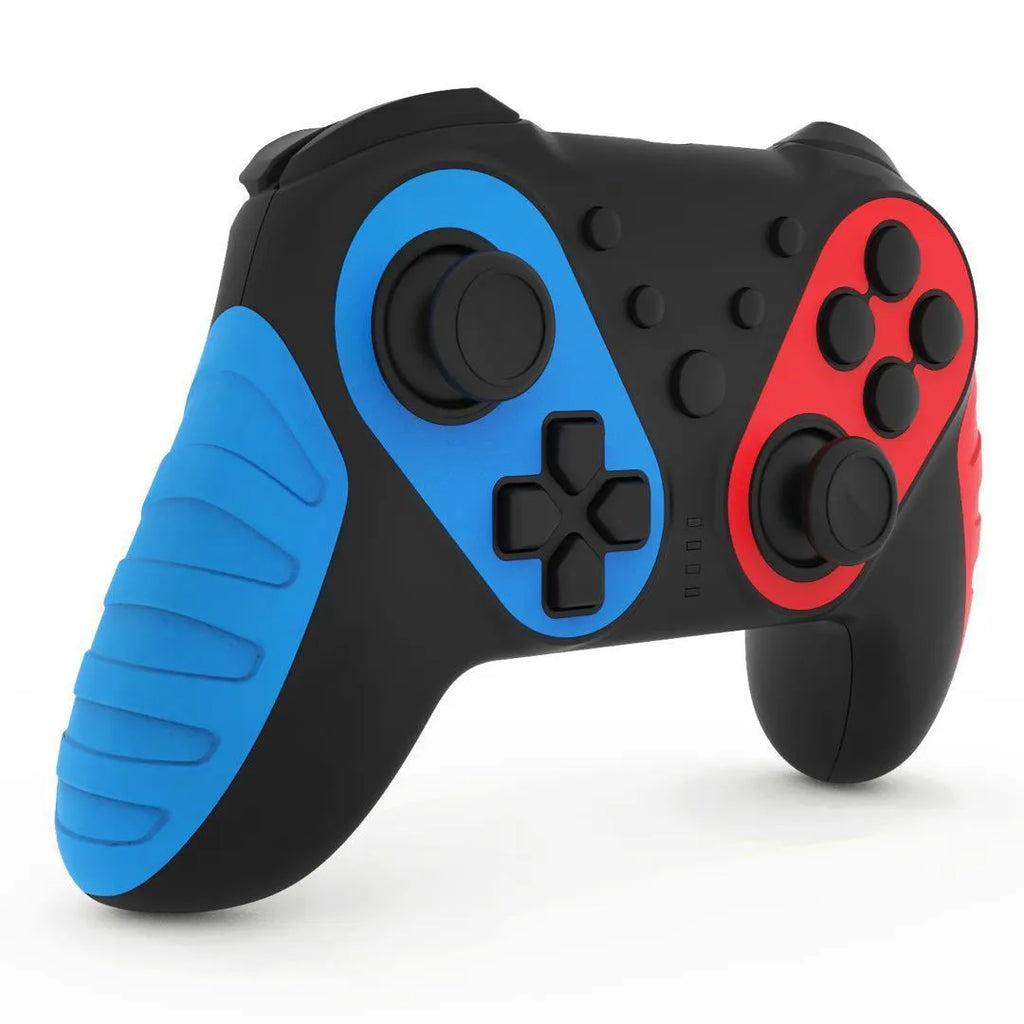 Red and blue wireless Bluetooth gamepad controller for Nintendo Switch and PC on a colour box.