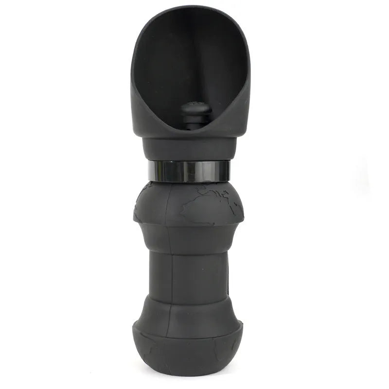 Collapsible silicone pet water cup shown in folded and open positions, available in various colours.