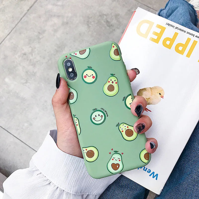 Avocado cartoon design on a soft TPU back cover case for Apple iPhone.