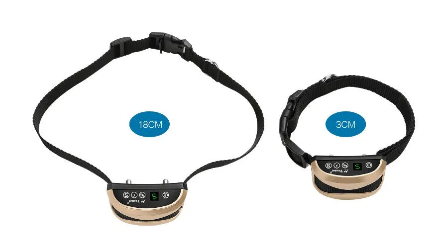 Electronic dog bark collar with digital display and adjustable black nylon strap.