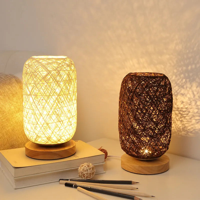 Brown hemp rope Sepak Takraw desk lamp with beige accents on solid wood base