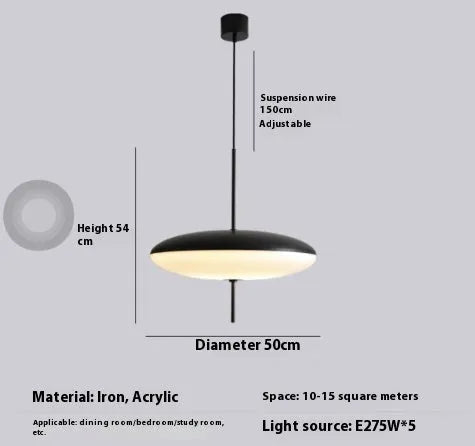 Nordic modern art retro chandelier with UFO-shaped shade in black and white colour option