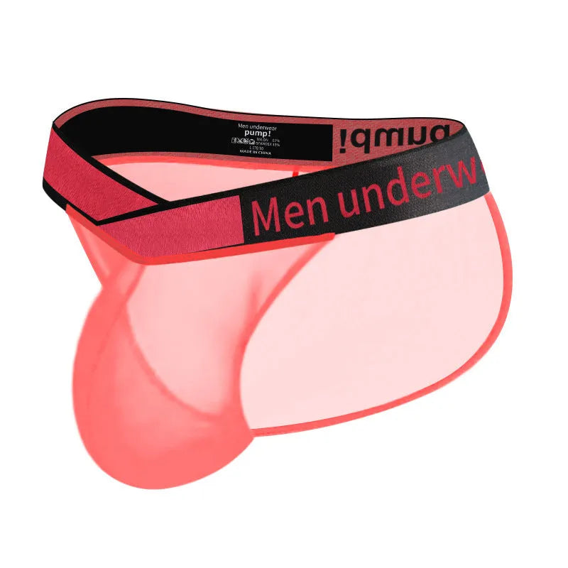 Men's gradient transparent ice silk briefs with large V-front design in black, red, and white colour options