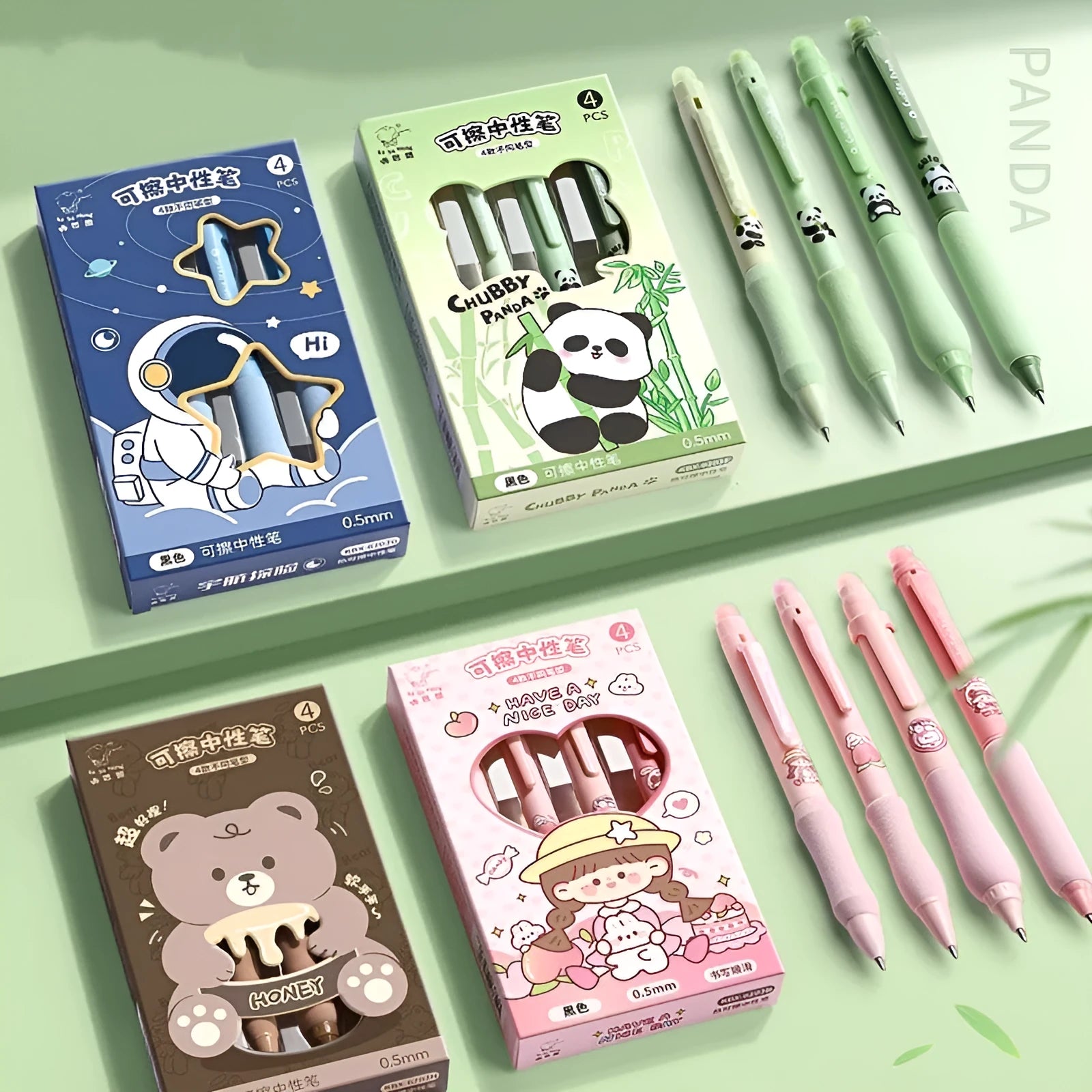 Erasable cartoon gel pen with 0.5mm tip in black or crystal blue ink options