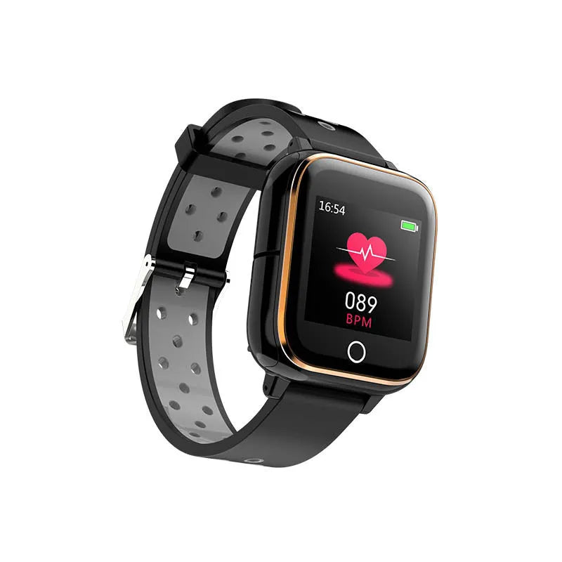 Black 2-in-1 smart watch with 1.4 inch screen and integrated bluetooth earbuds for fitness tracking