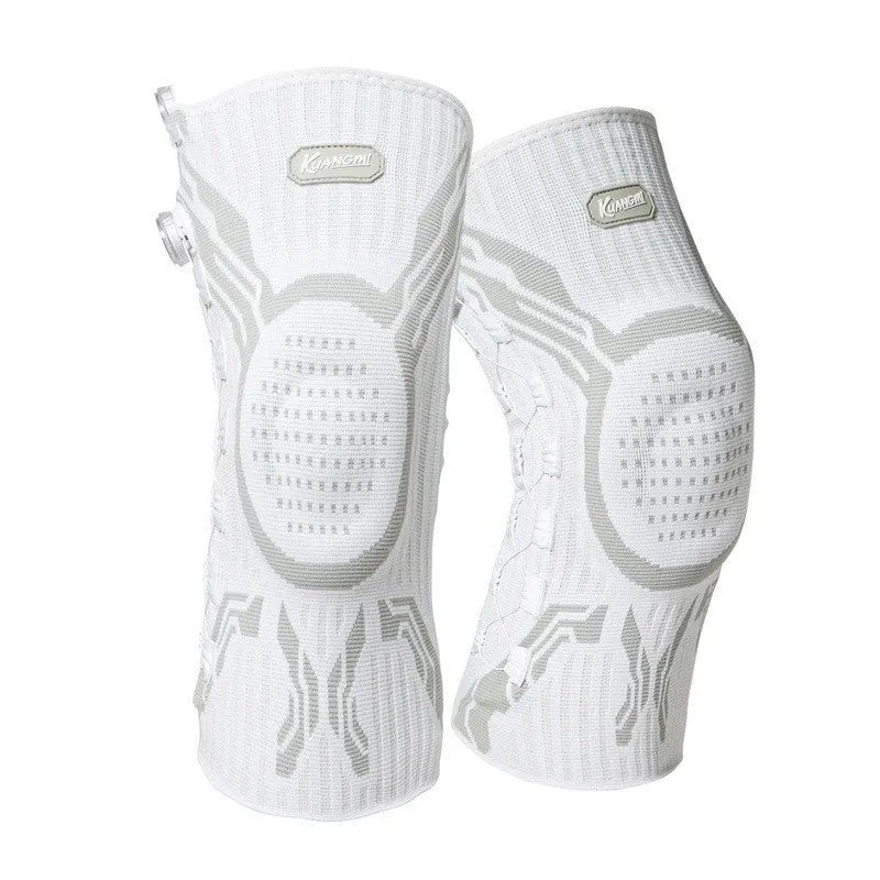 Grey and white sports knee pads for left and right knee, shown with size tags M, L, and XL.