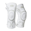 Grey and white sports knee pads for left and right knee, shown with size tags M, L, and XL.