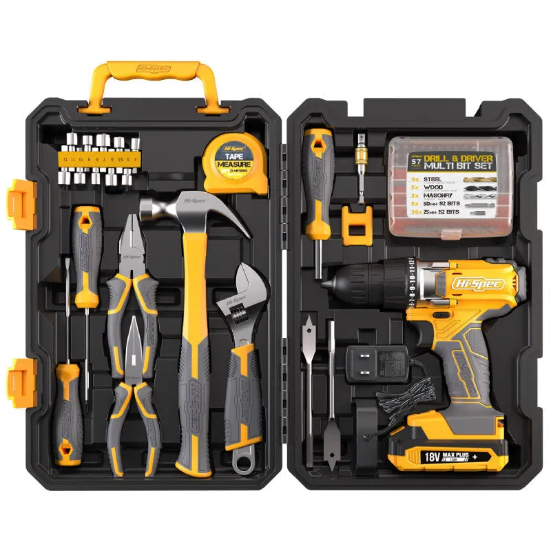 Grey-yellow tool case containing 82-piece chrome-vanadium steel hardware set for furniture installation