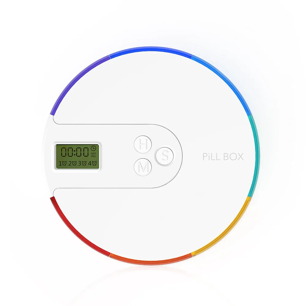 Blue 7-compartment alarm clock pill dispenser showing digital display and pill slots.