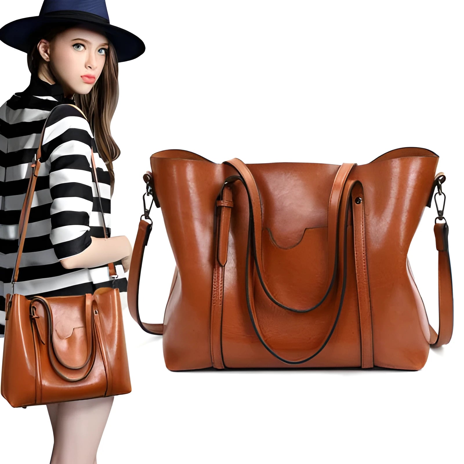 Retro-style brown PU messenger bag for women shown with shoulder strap, displaying its large main compartment.