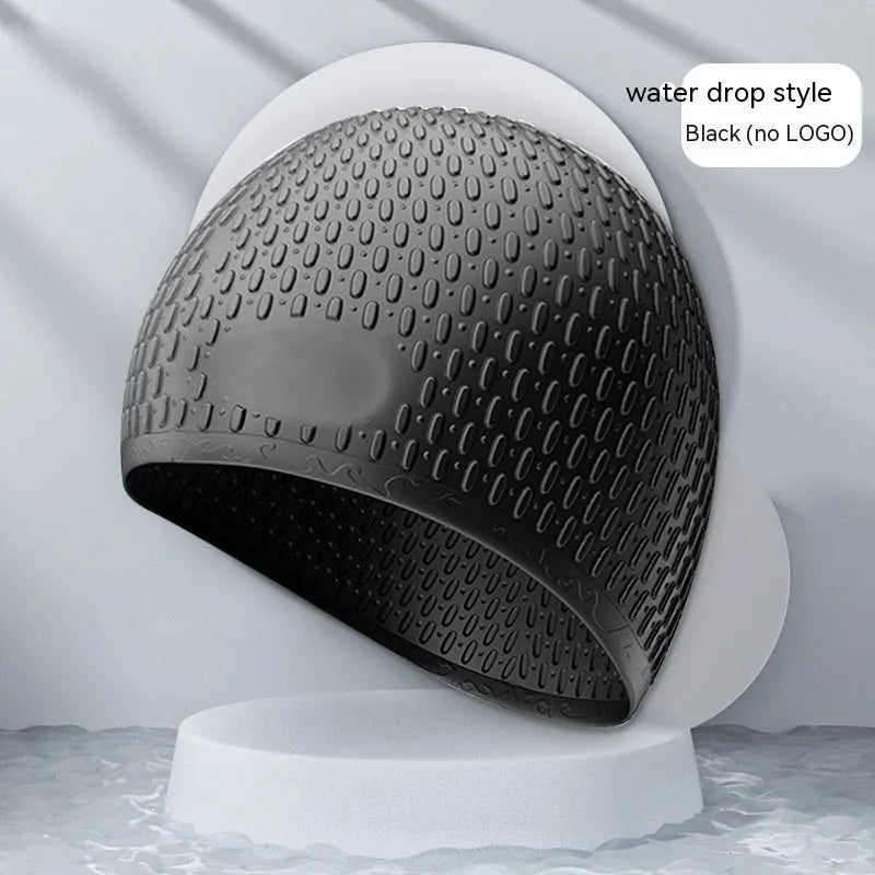 Silicone water drop design swimming cap for adults shown in various colours.
