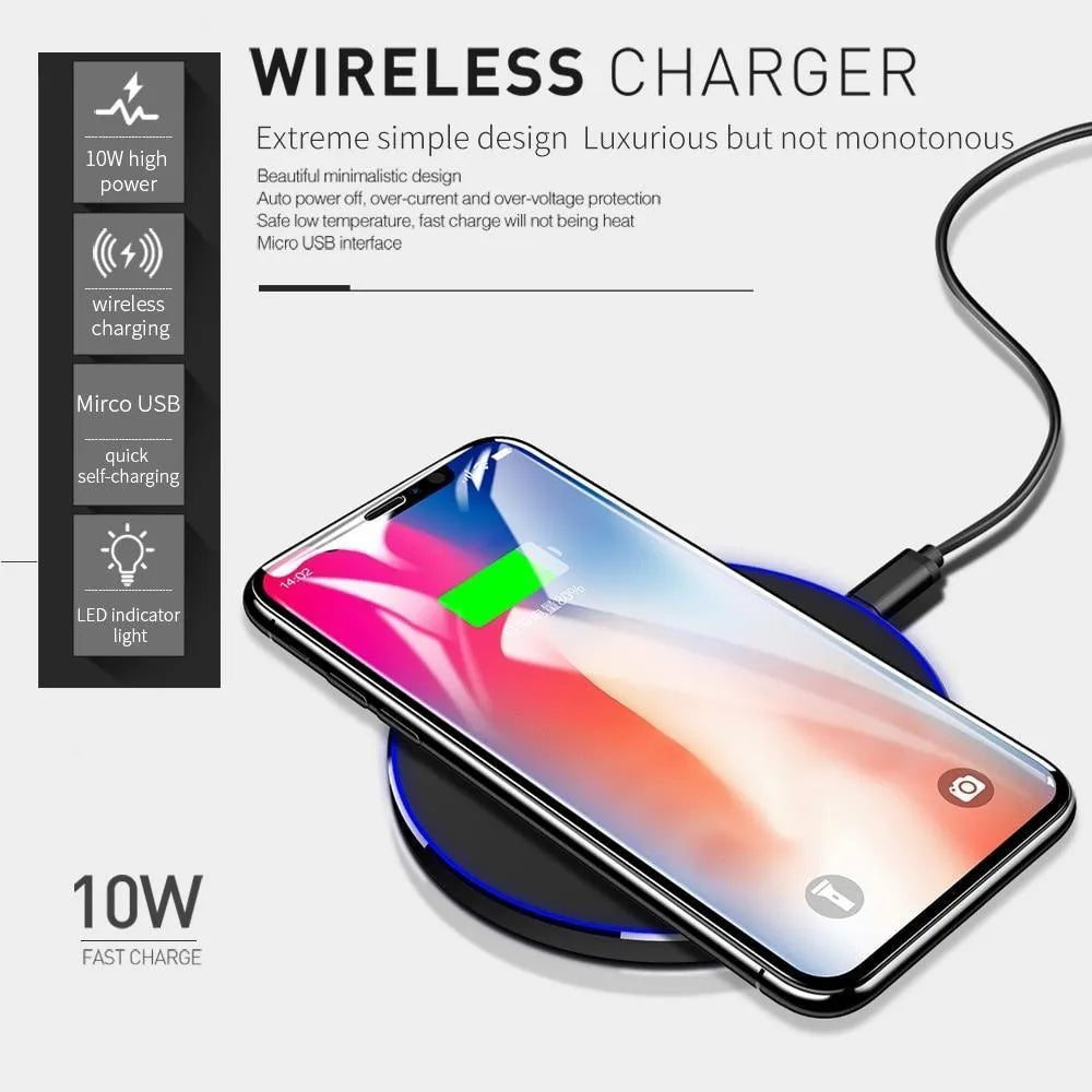 Ultra-thin matte black wireless charging pad with 9V fast charging and 98mm square dimensions