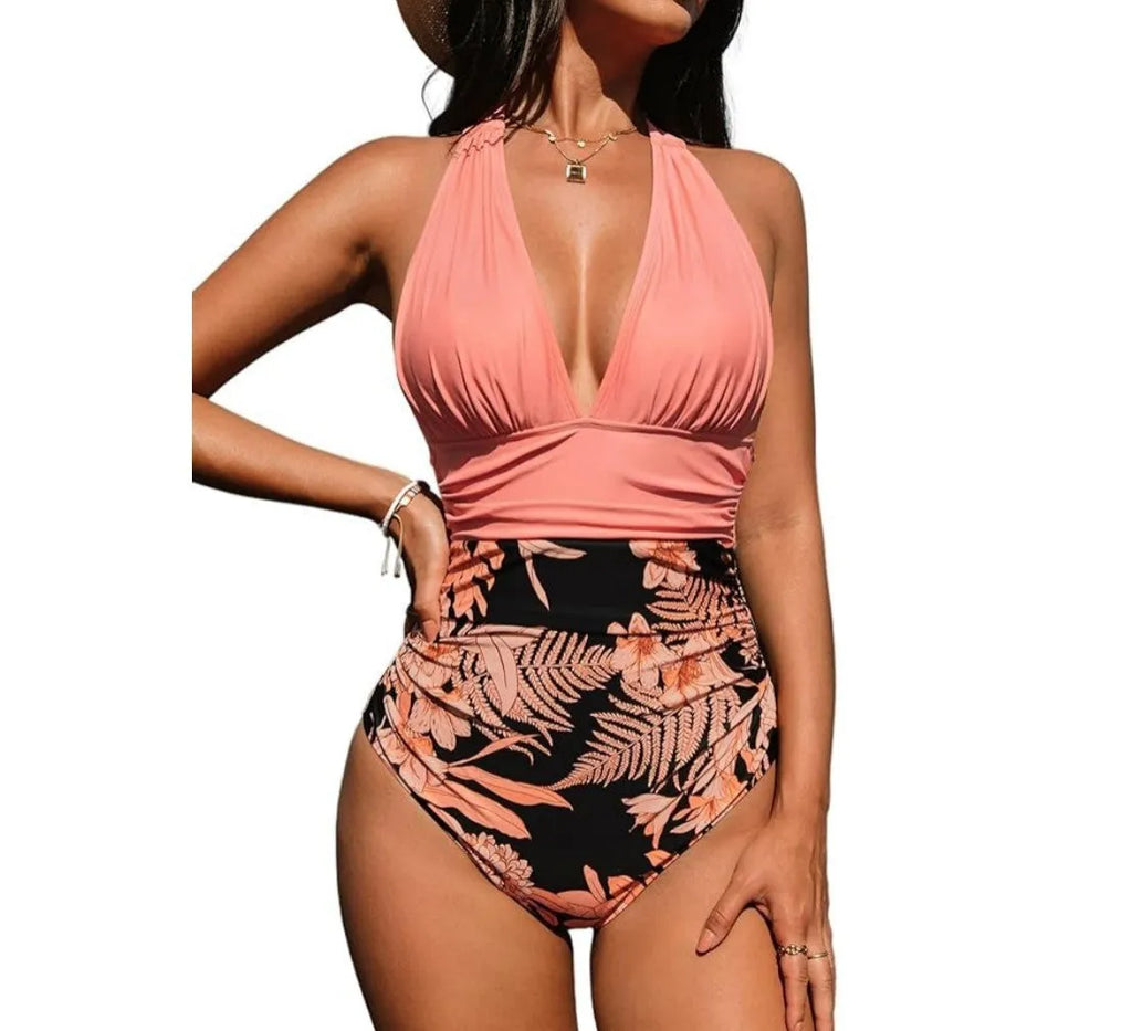 Women's halter neck one-piece swimsuit in quick-dry polyester with backless design