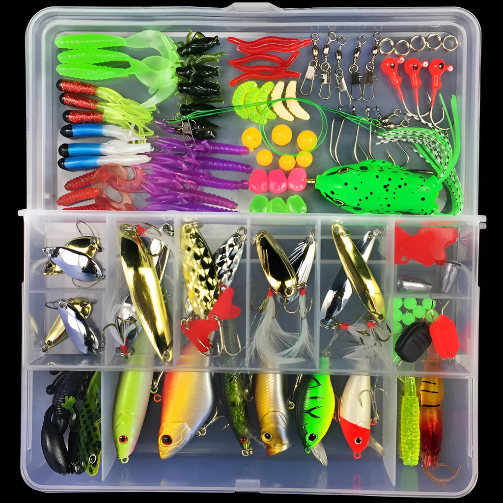Fishing lure suit set showing soft plastic baits in frog patterns with colour thread inside PP storage box