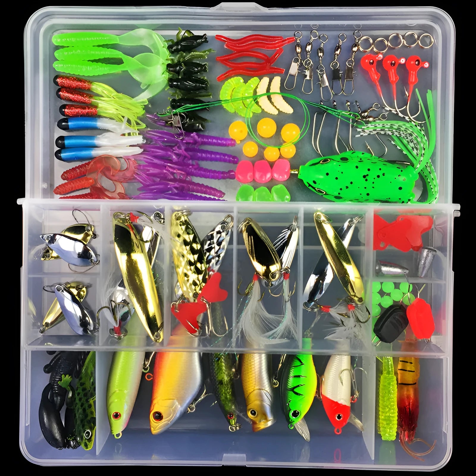 Fishing lure suit set showing soft plastic baits in frog patterns with colour thread inside PP storage box