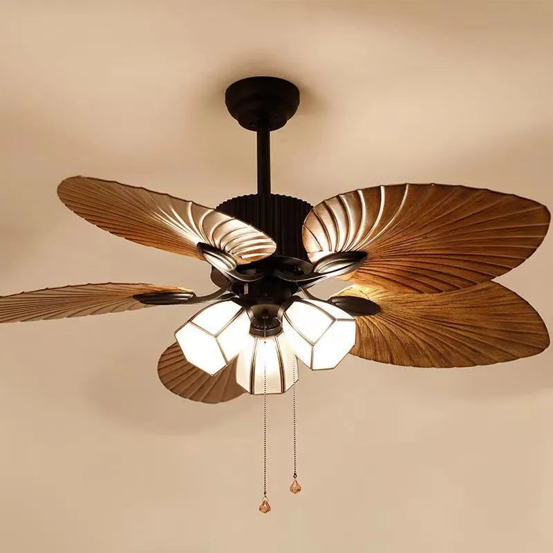 52-inch retro ceiling fan light with wooden blades and integrated lighting for living rooms