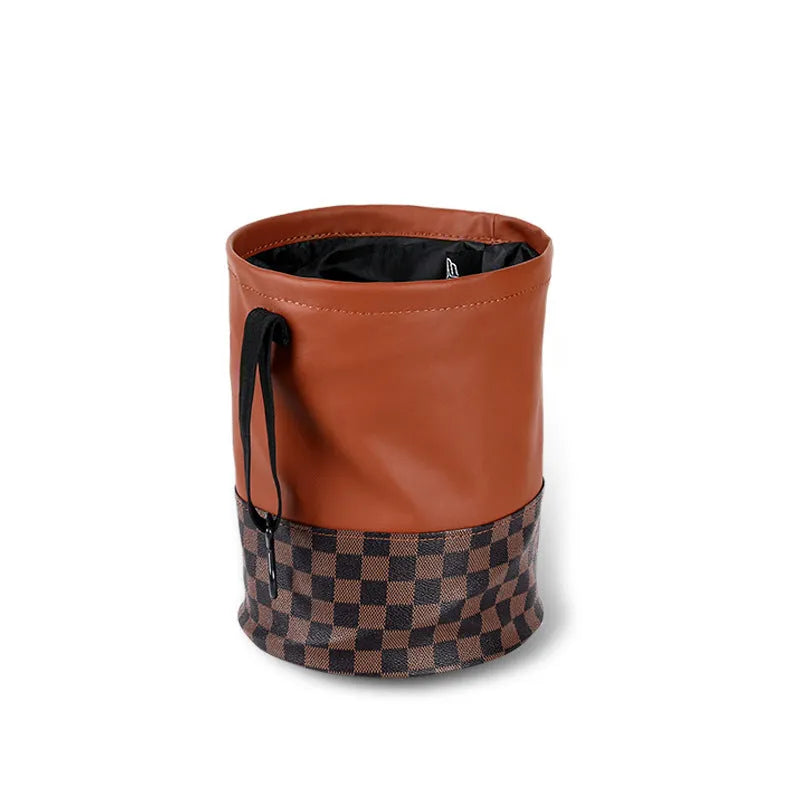 Brown retractable leather car trash can showing expanded and folded positions