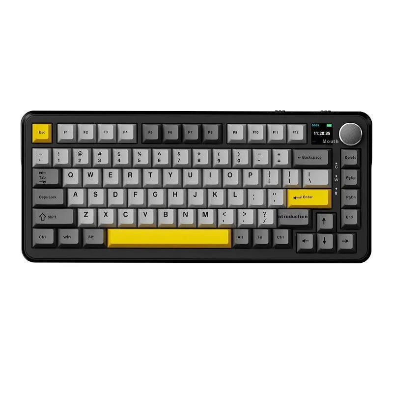 Black, Grey and Yellow three-mode wireless hot-swappable mechanical keyboard with key puller and tools.