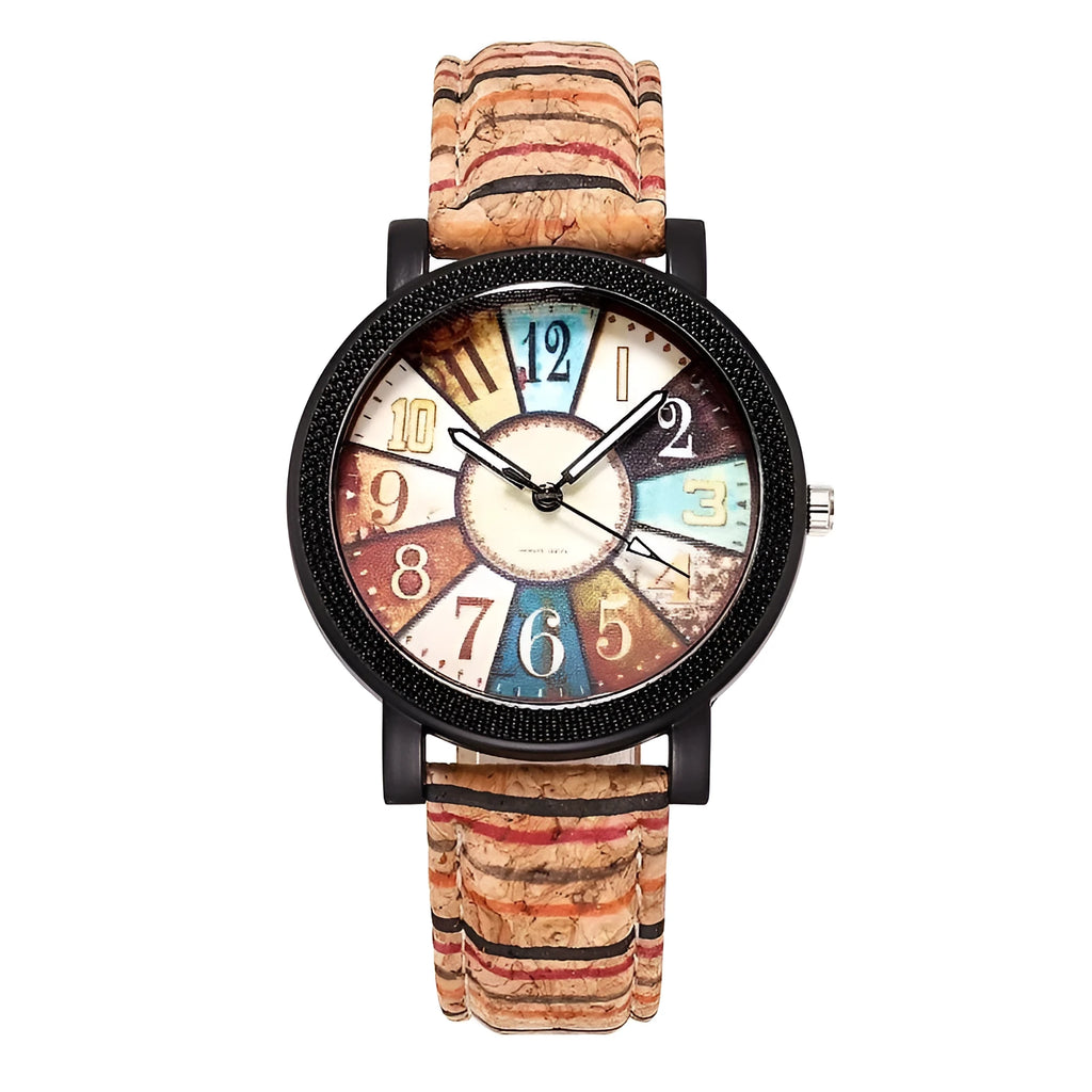 Vintage style women's leather strap quartz watch with round 37mm dial and stainless steel buckle.