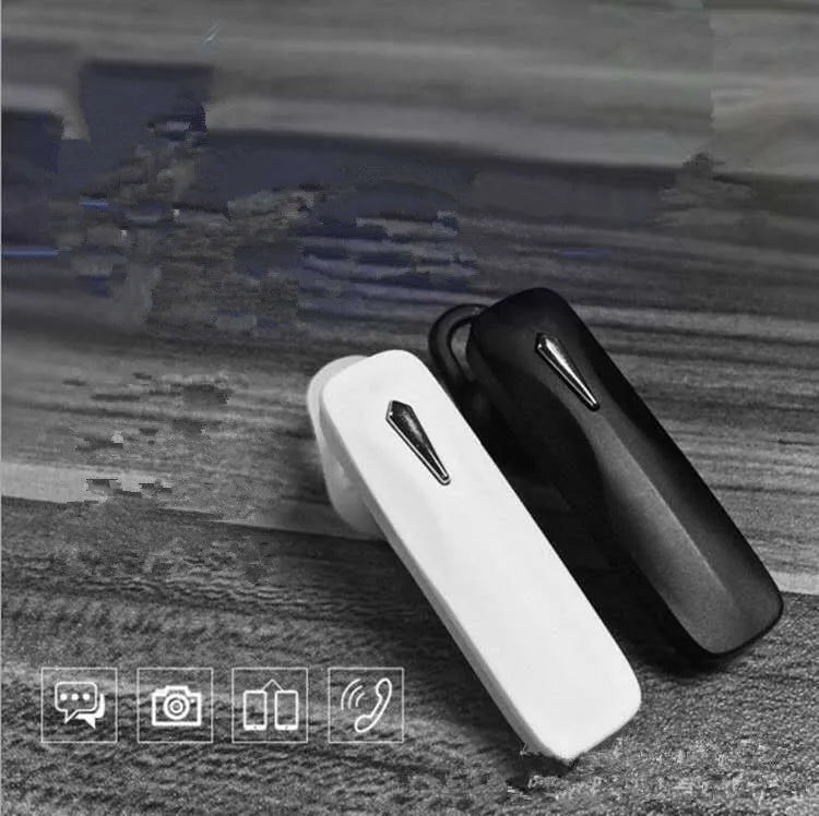M163 car Bluetooth headset in black and white colour options showing call control buttons and Bluetooth connectivity