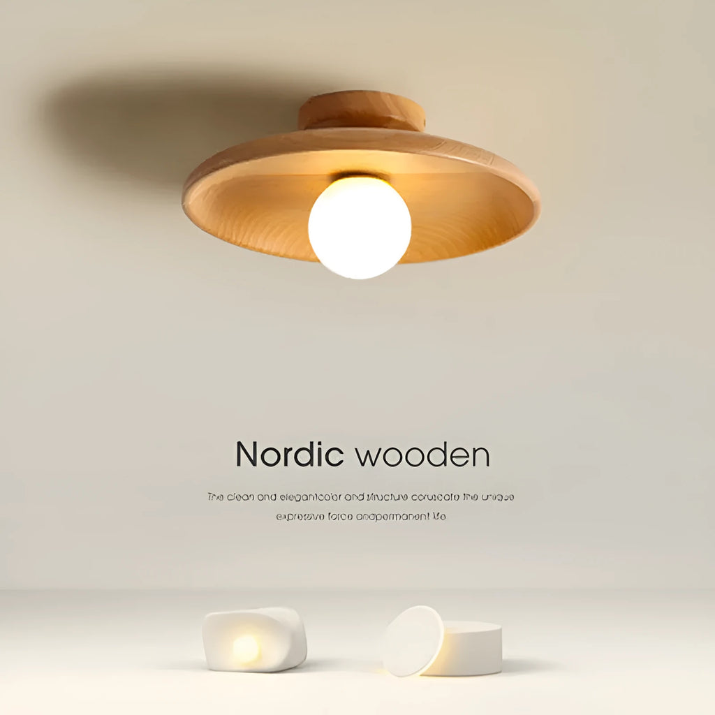 Minimalist solid wood and glass ceiling lamp in walnut colour, 28cm diameter