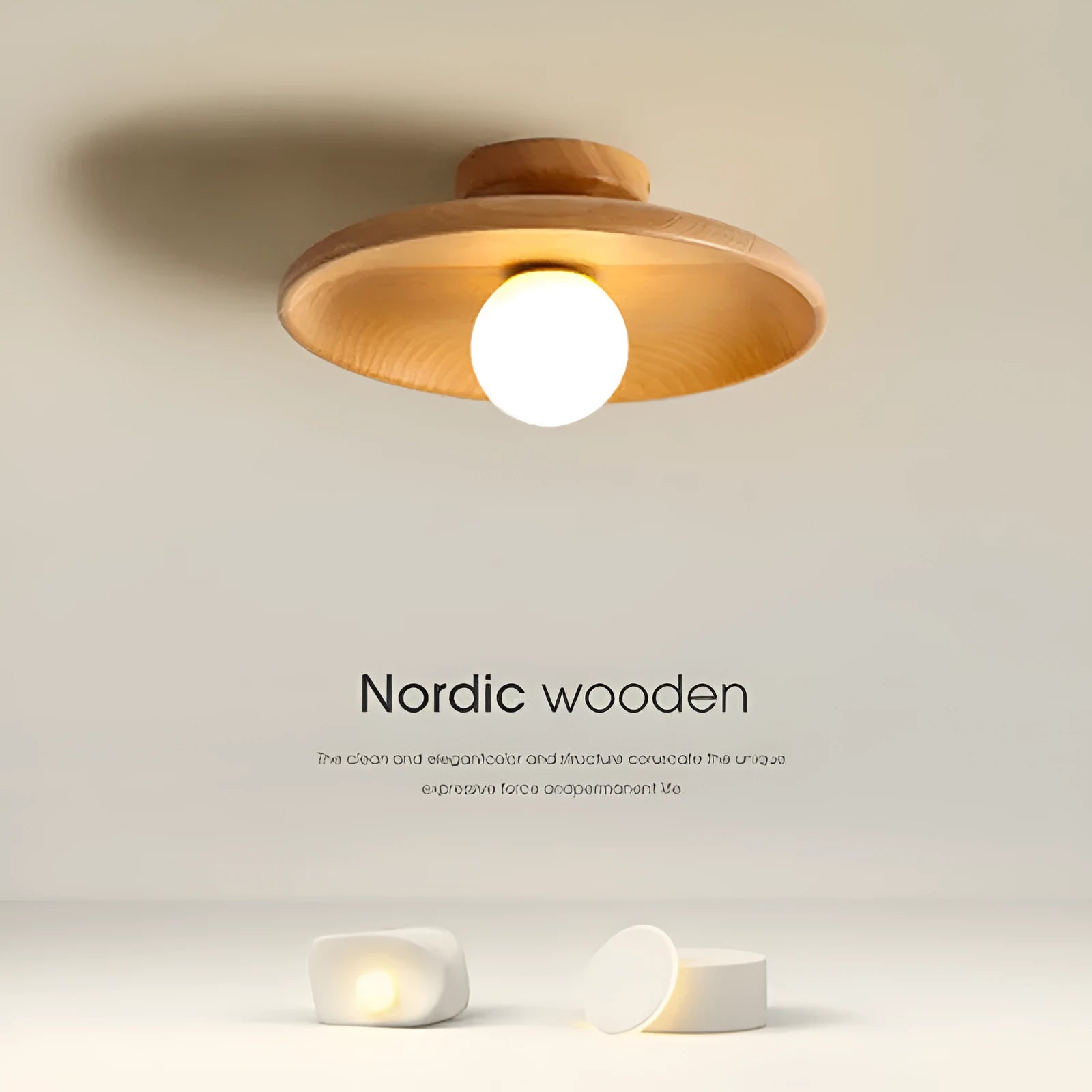 Minimalist solid wood and glass ceiling lamp in walnut colour, 28cm diameter