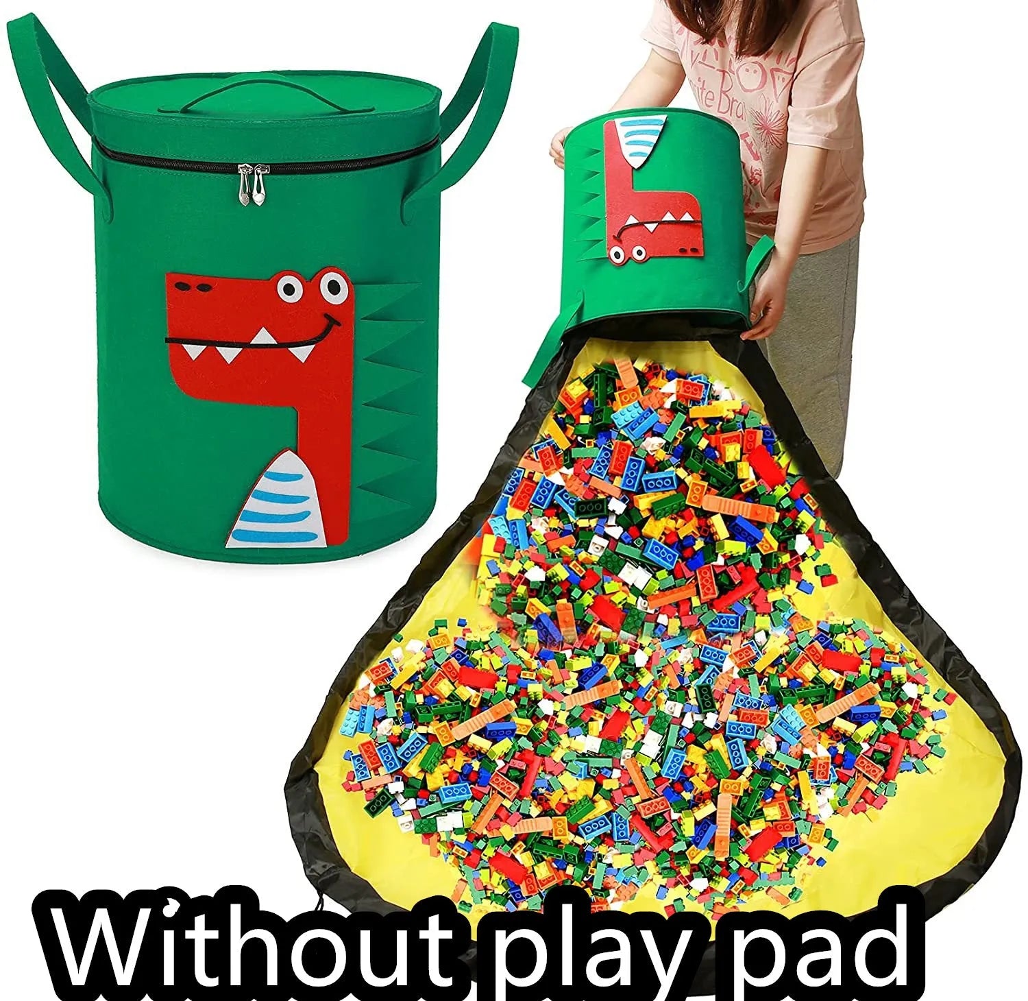 Green felt cube storage bag with pull rope serving as toy organiser and play mat
