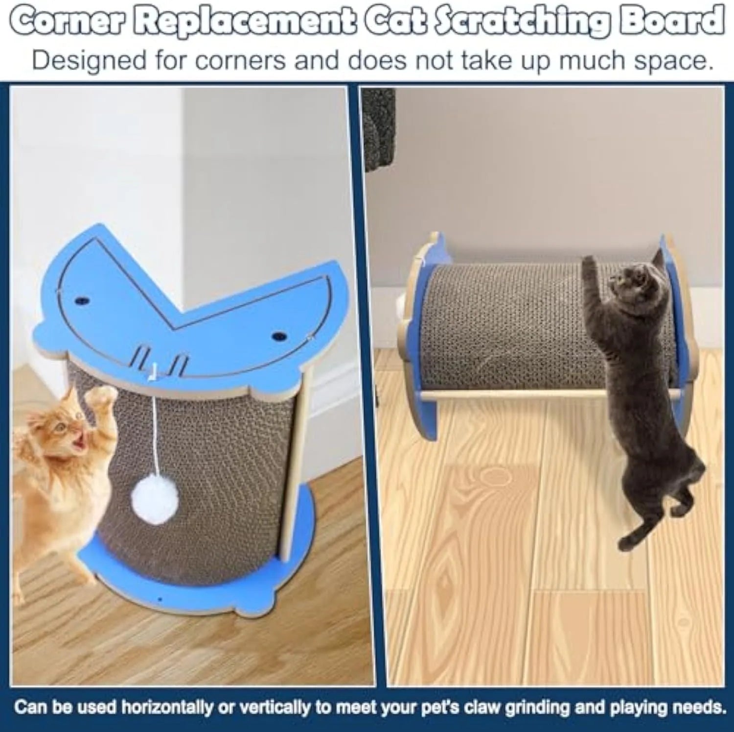 Cardboard corner scratching pad for cats on a wall with hanging ball and catnip.