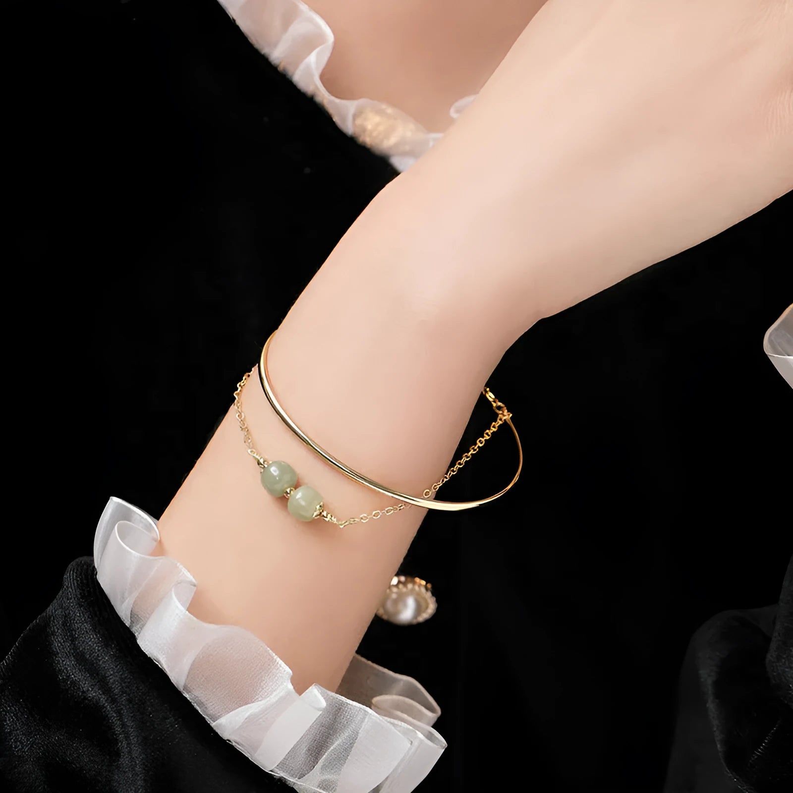 Women's Hetian jade bracelet with gold inlay detail, shown in single, double, and three bead versions.