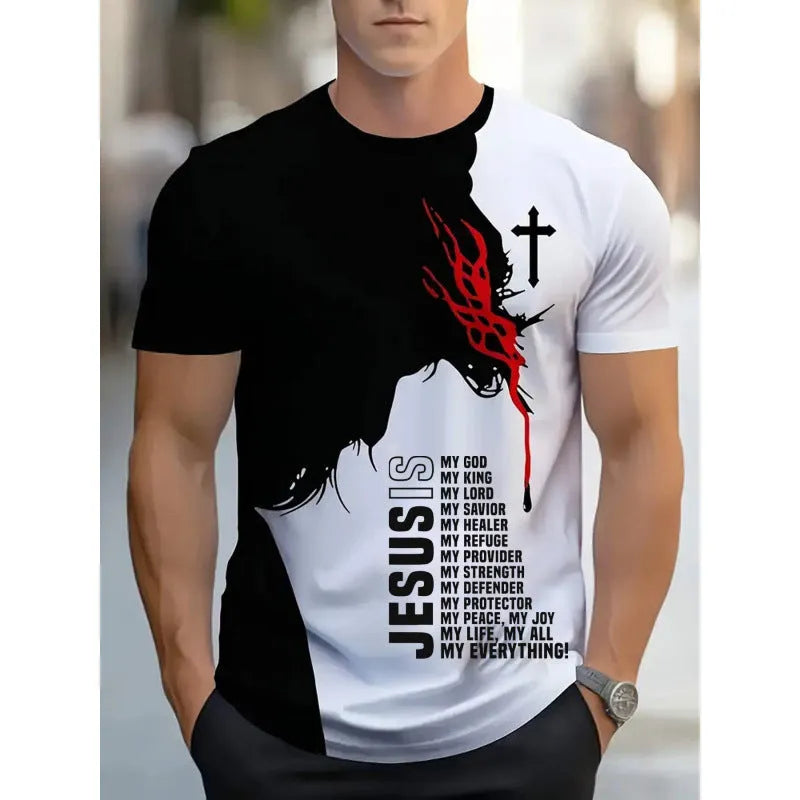 Men's short-sleeved striped t-shirt with digital 3D printing in loose business casual fit
