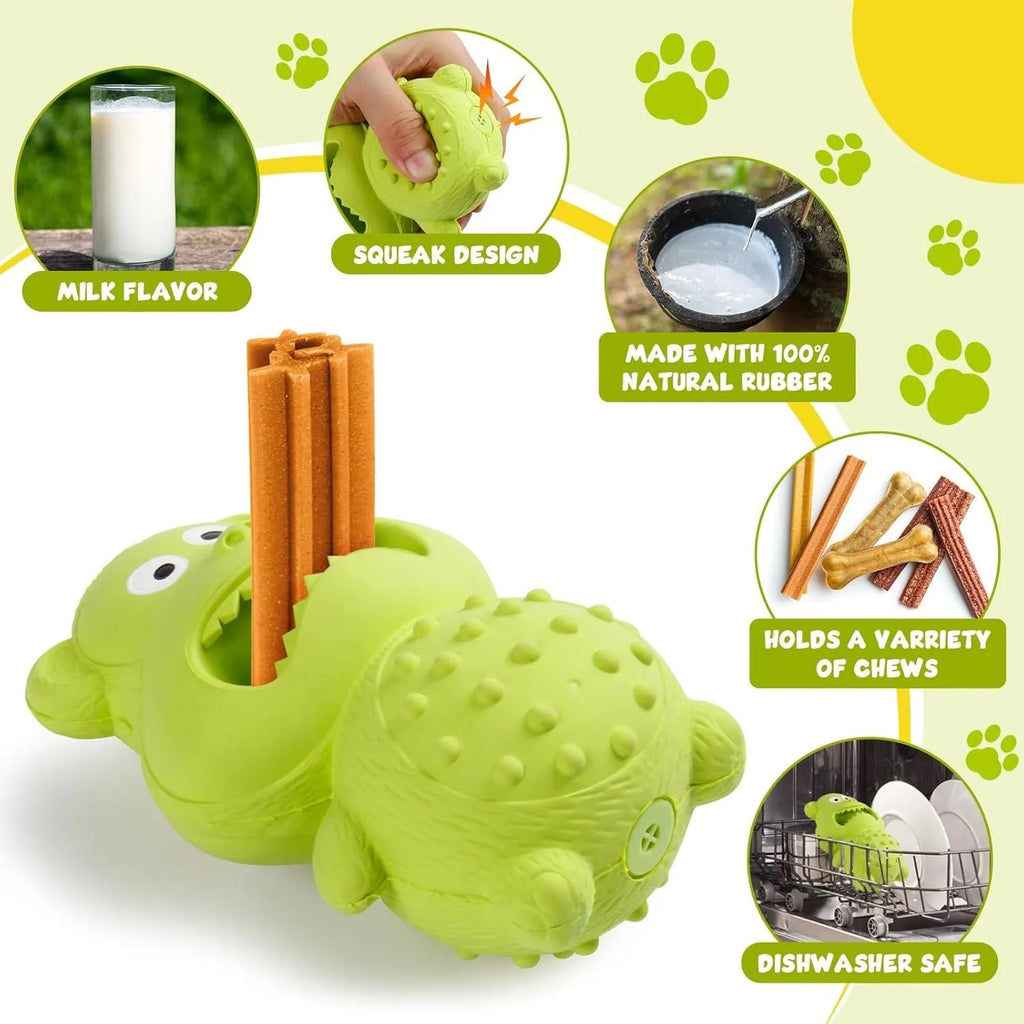 Green and yellow natural rubber dog chew toy for aggressive chewers, shown with a hollow centre for treats.