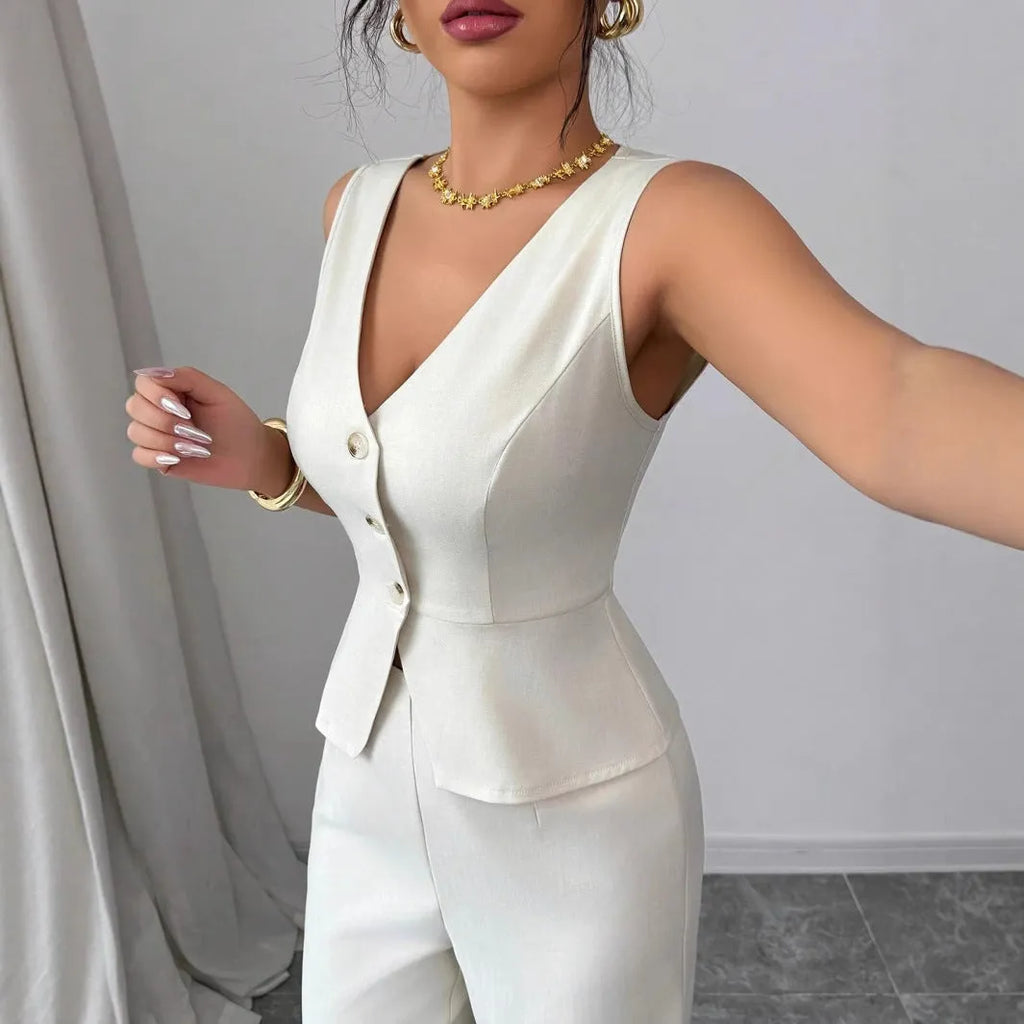 Women's solid colour sleeveless vest and high-waist trousers two-piece set in casual style