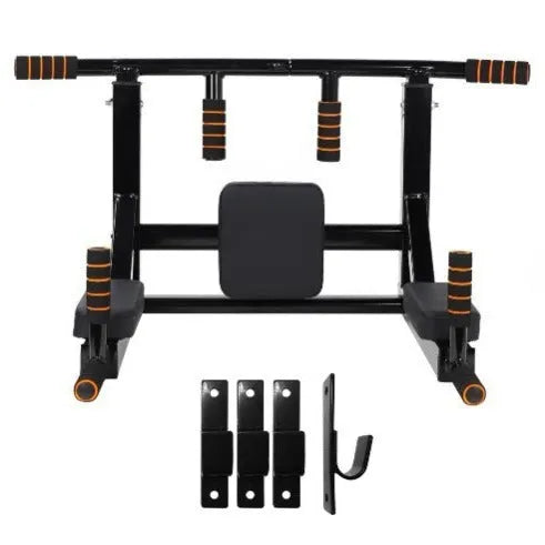 Black steel wall-mounted fitness rack with parallel bars for pull-up exercises