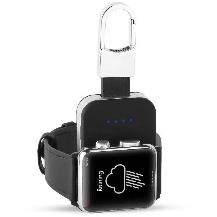 Black portable Apple Watch wireless charger power bank with keychain attachment