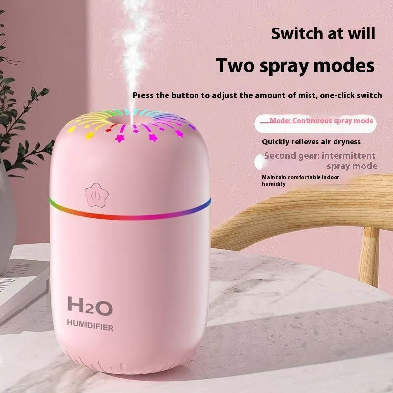 Mini USB humidifier with fireworks design in white pink and green colors for car and desk use